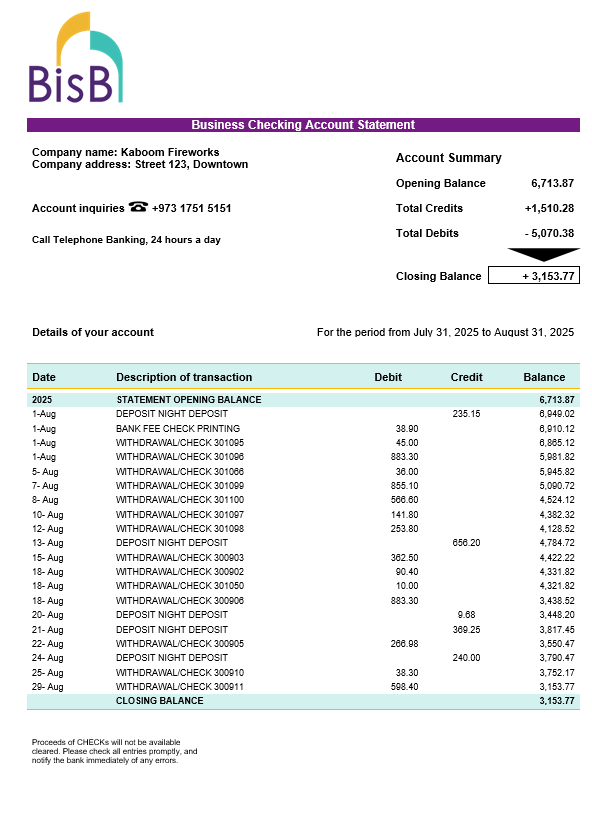 Relevé de compte de société de banque d'affaires BISB Format Word et PDF